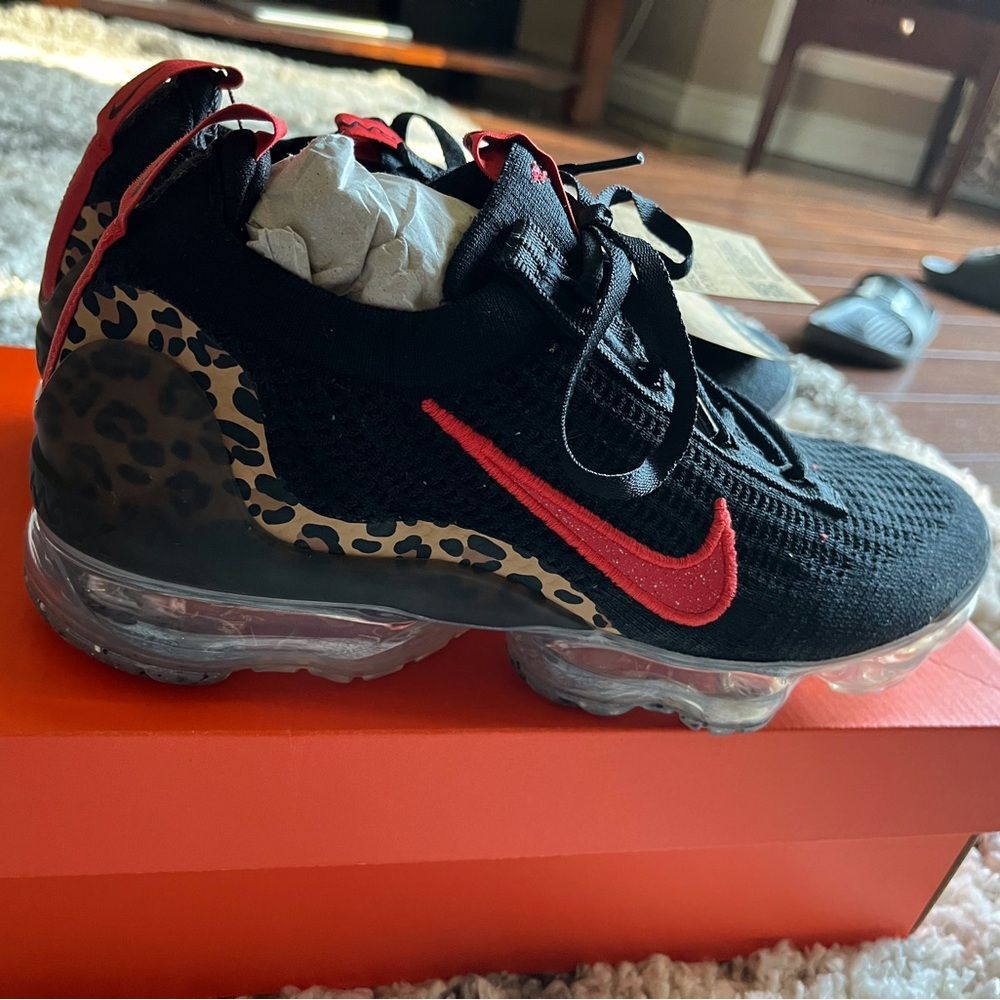 Nike flight club Womens Air Vapormax shoes black with red and leopard accents